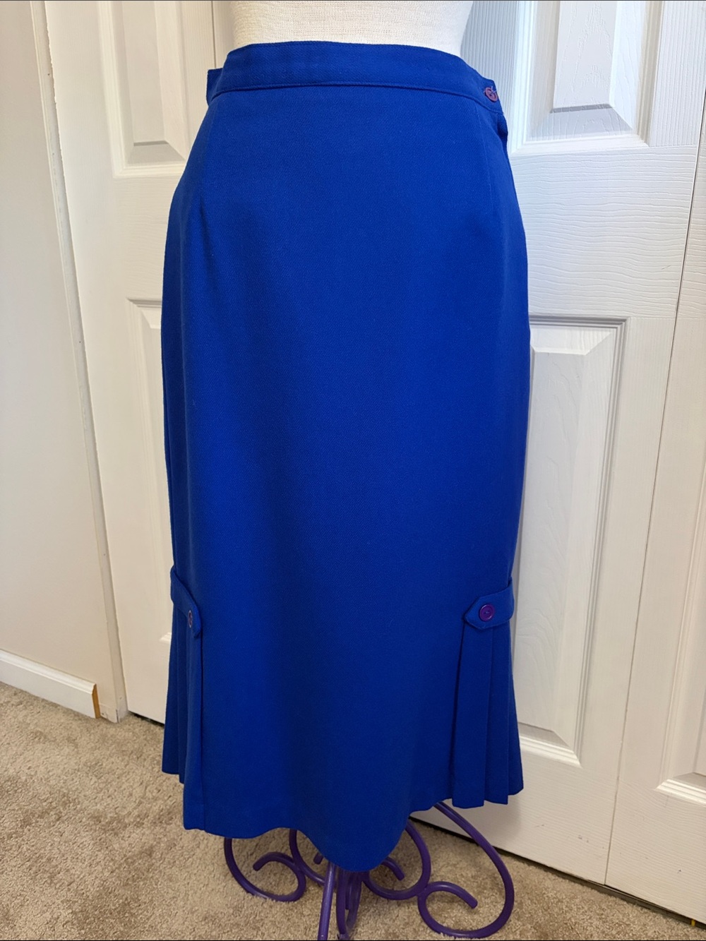 Vintage Pliers Royal Blue Wool Midi Skirt Pleated Hem Trumpet Detail Size 9/10